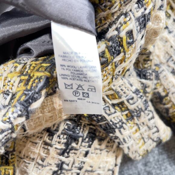 French Connection Tweed Jacket Size 4 Yellow Black Cream Belted Rounded Collar - Picture 6 of 10